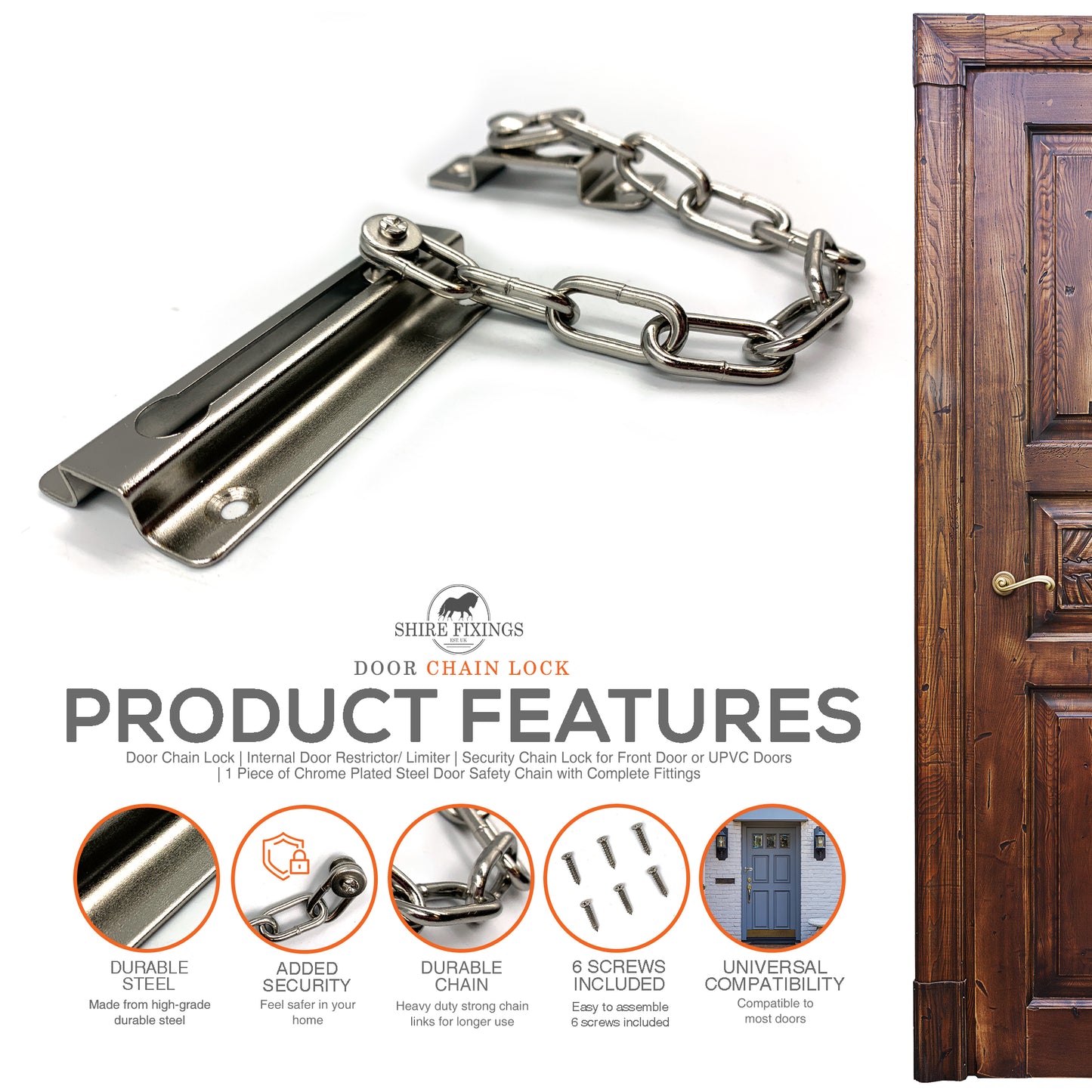 Shire Fixings Door Chain Lock Internal Door Restrictor/Limiter Security Chain Lock for Front Door or UPVC Doors 1 Piece of Chrome Plated Steel Door Safety Chain with Complete Fittings