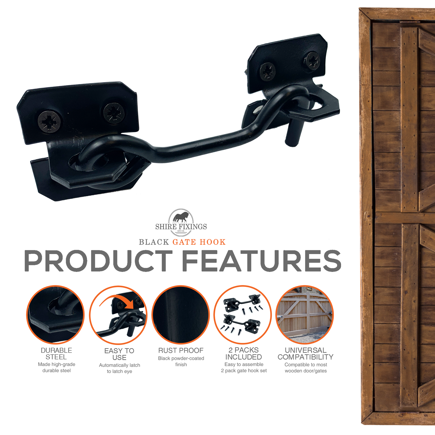 Pack of 2 100mm Cabin Hooks, Anti-Rust Black Coated Finish Door Hook and Eye Latch, Metal Gate Hook Lock and Door Latches for External Doors, Windows, Cabin, Shed (4” Cabin Hook and Eye with Screws)
