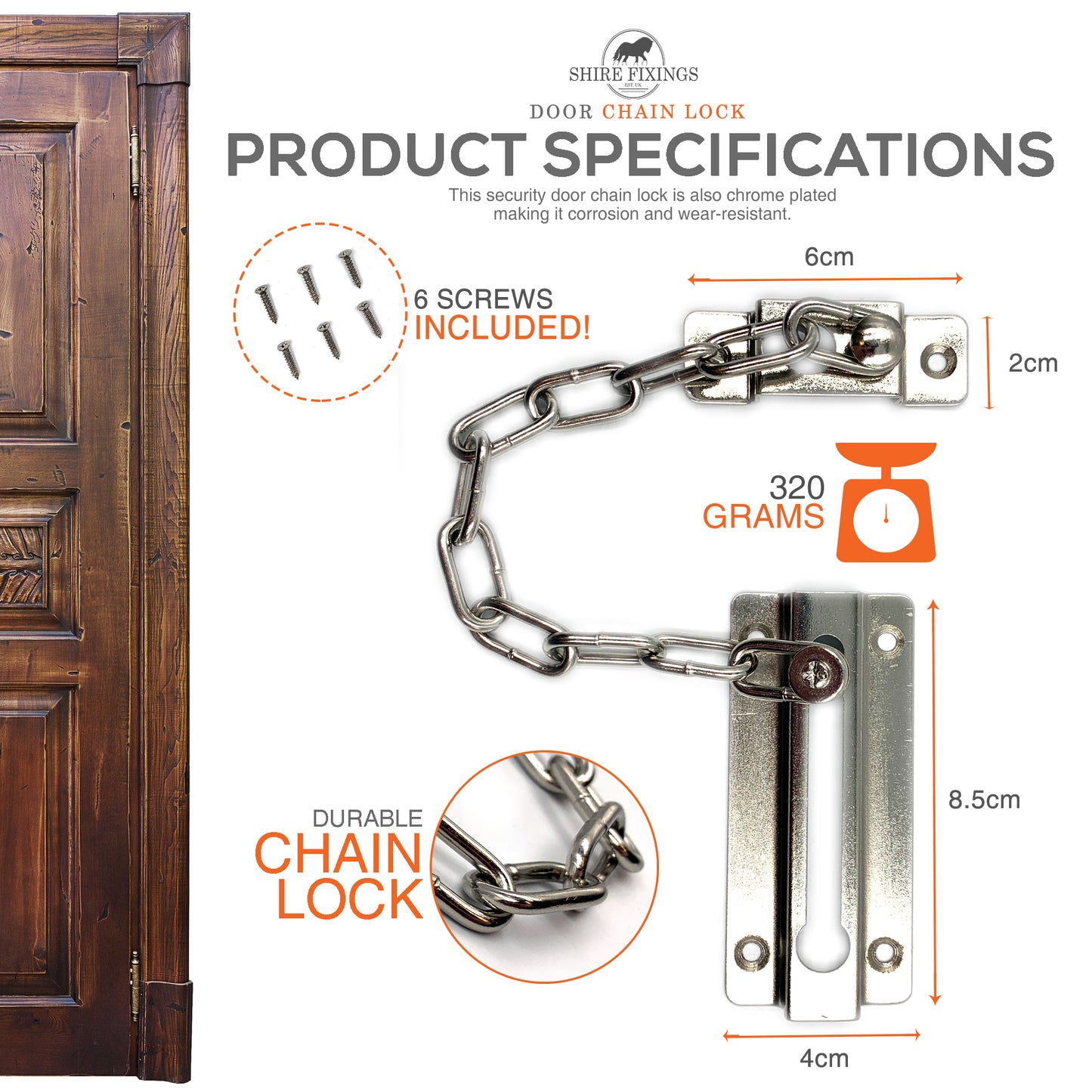 Shire Fixings Door Chain Lock Internal Door Restrictor/Limiter Security Chain Lock for Front Door or UPVC Doors 1 Piece of Chrome Plated Steel Door Safety Chain with Complete Fittings