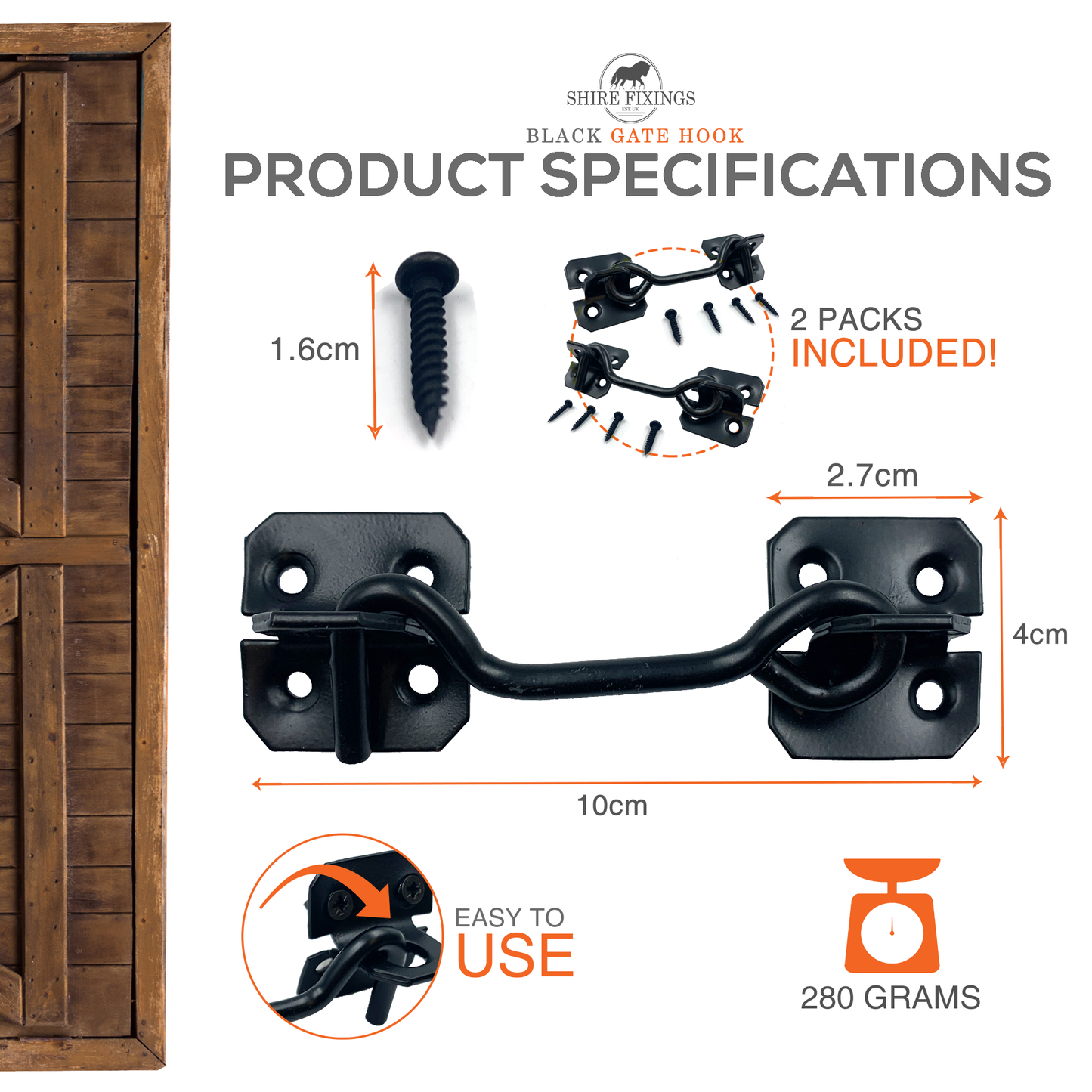 Pack of 2 100mm Cabin Hooks, Anti-Rust Black Coated Finish Door Hook and Eye Latch, Metal Gate Hook Lock and Door Latches for External Doors, Windows, Cabin, Shed (4” Cabin Hook and Eye with Screws)