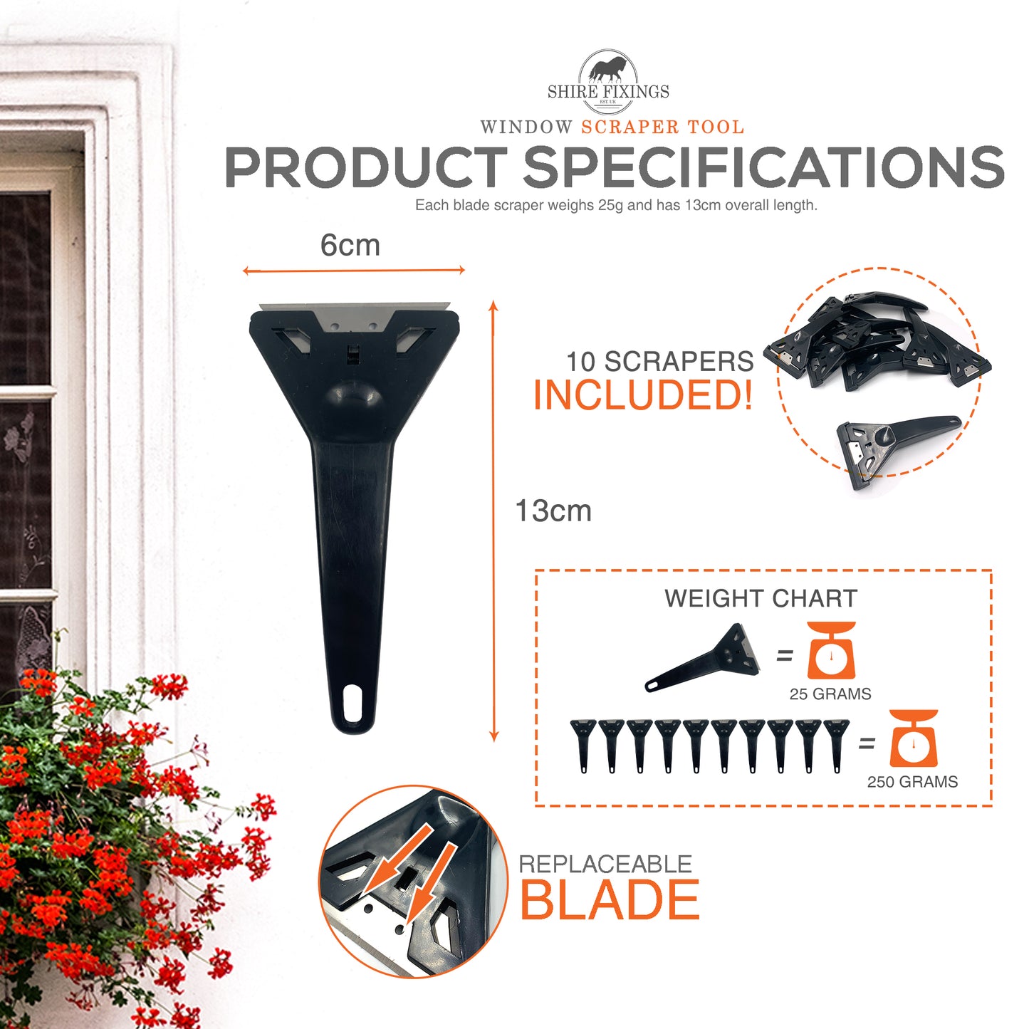 Shire Fixings Pack of 10 Window Scraper | Multipurpose Hob Scraper, and Glass Scraper for Windows to Remove Excess Paint, Stickers, and Sealant | Plastic Razor Scraper Tool with Safety Cover,Black
