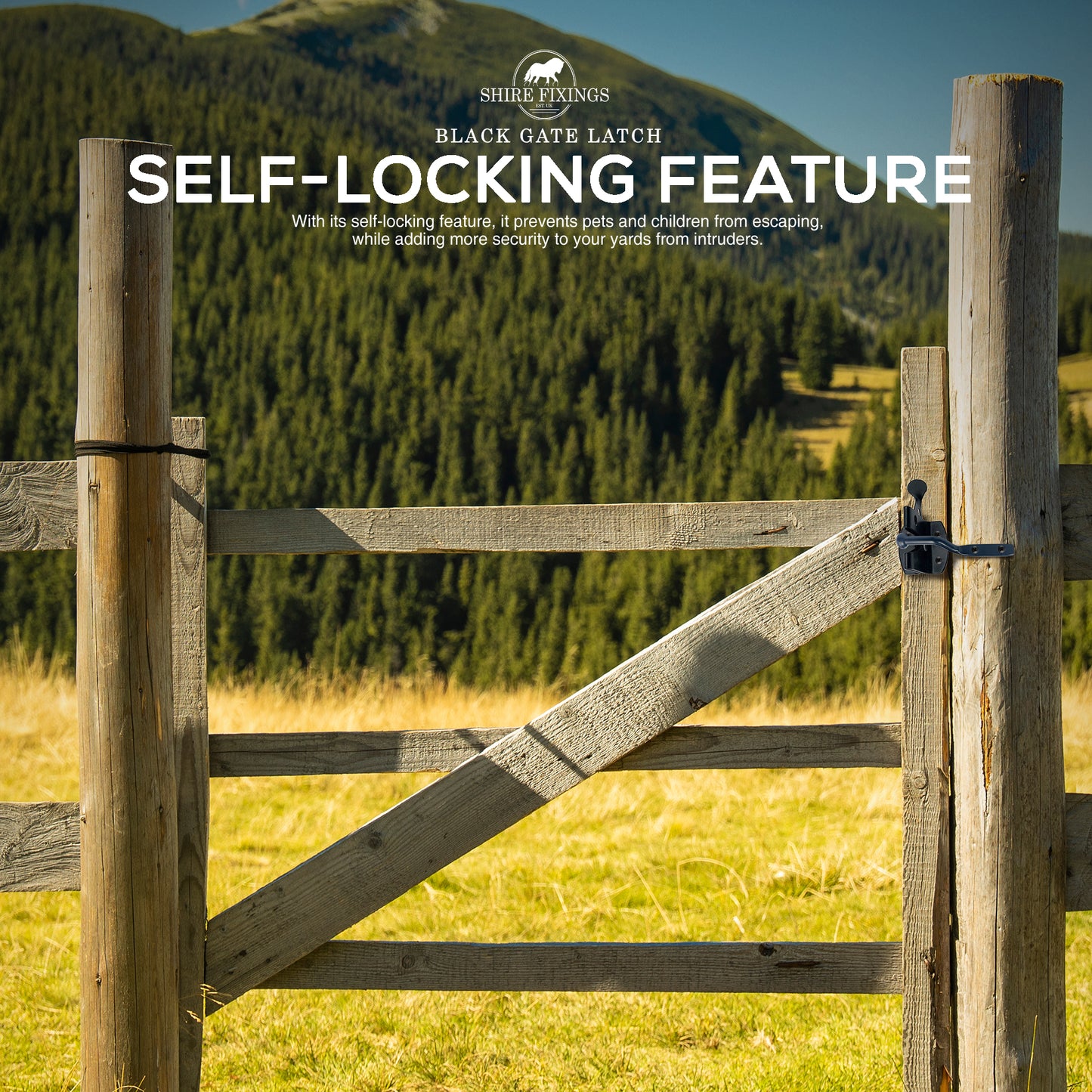 Gate Latch for Wooden Gates, Self-Locking Garden Gate Latch with Rust Resistant Black Coated Finish, Heavy-Duty Door Latch for External Doors, Pack of 2 Gate Catch