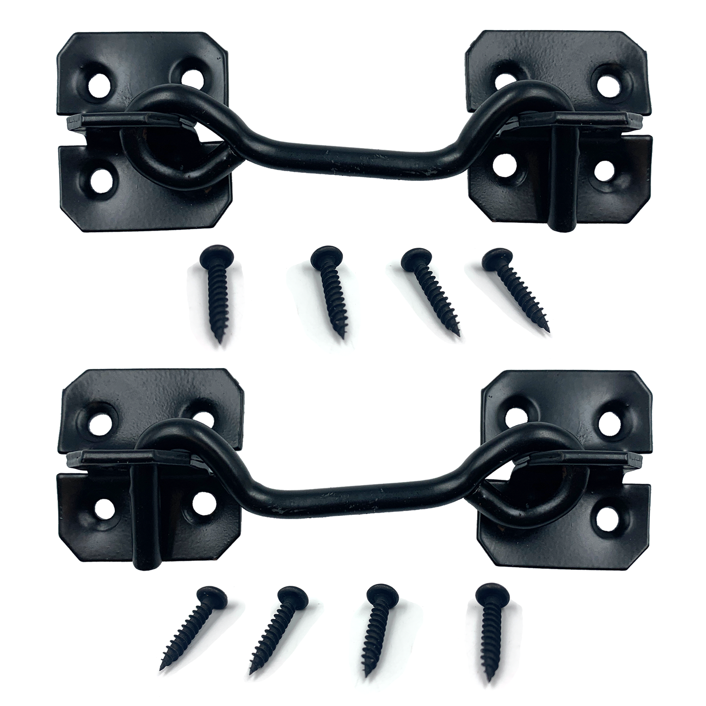 Pack of 2 100mm Cabin Hooks, Anti-Rust Black Coated Finish Door Hook and Eye Latch, Metal Gate Hook Lock and Door Latches for External Doors, Windows, Cabin, Shed (4” Cabin Hook and Eye with Screws)